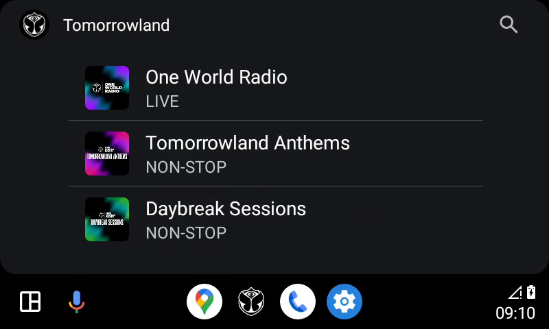Screenshot of the list of Tomorrowland radio stations.