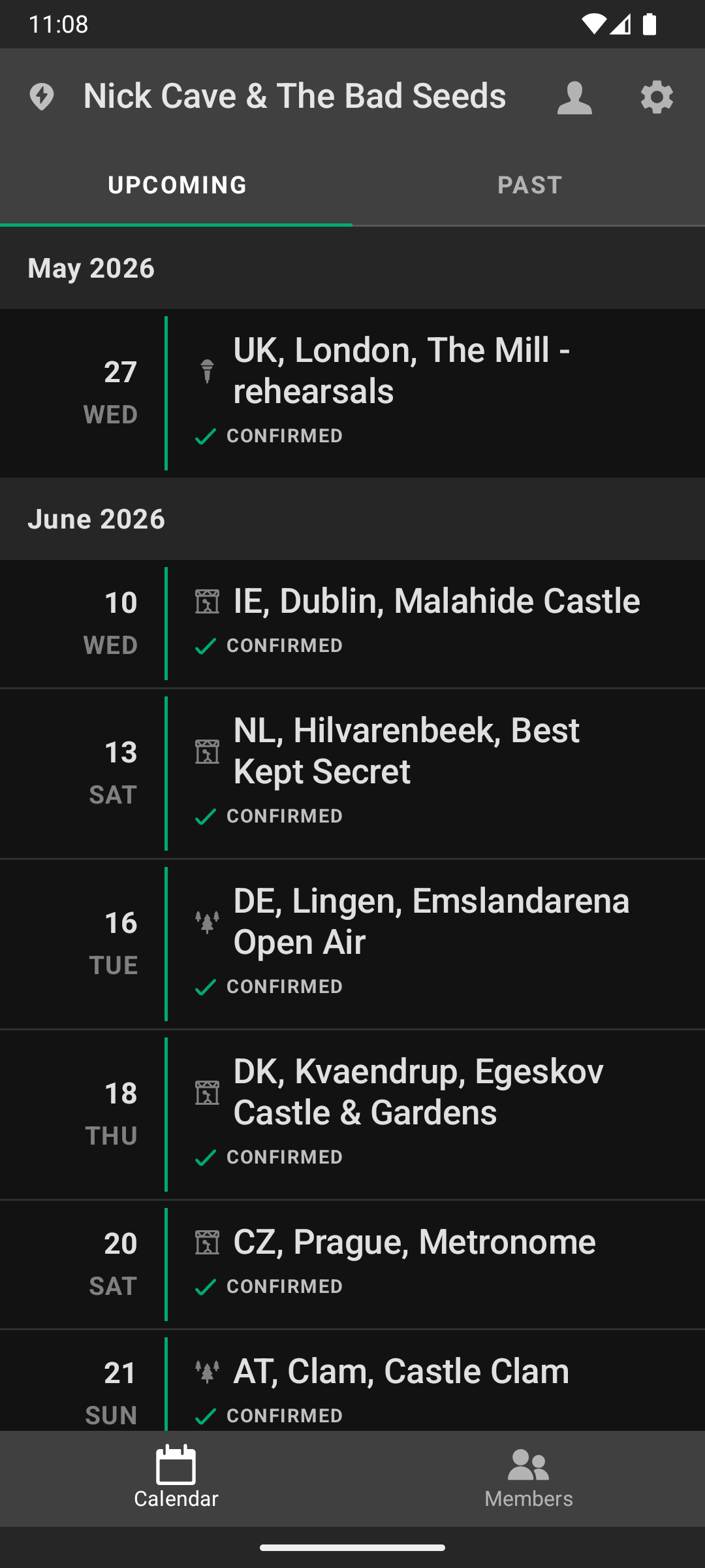 Screenshot of upcoming events.